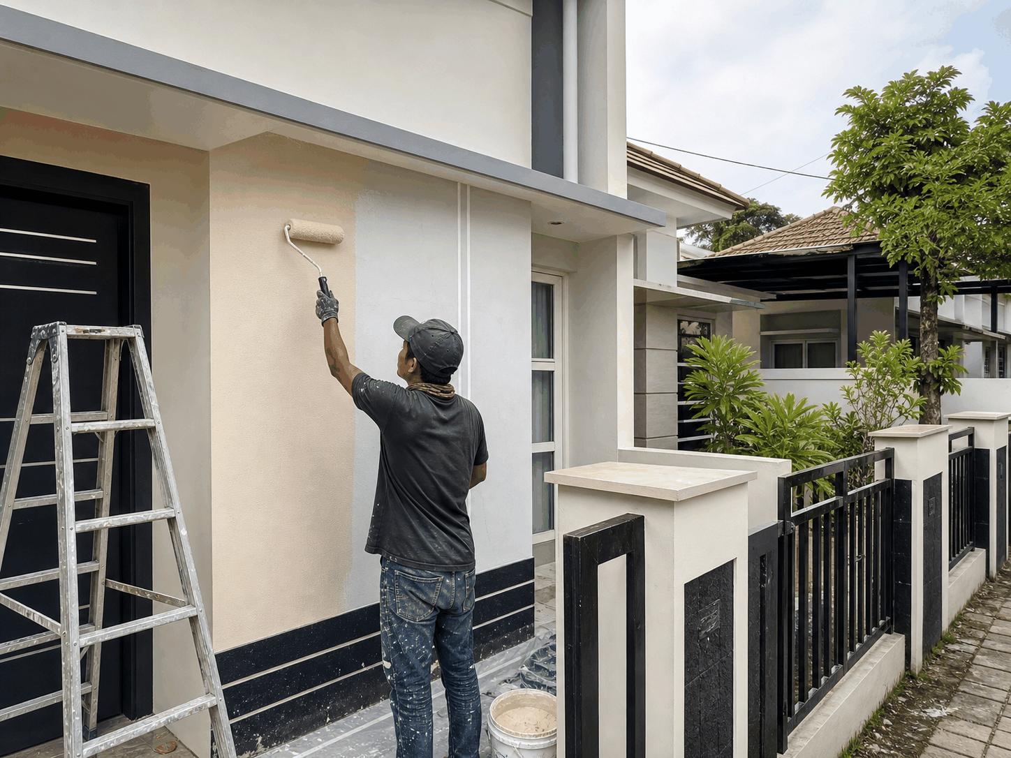 Pekerja melakukan pengecatan dinding luar rumah